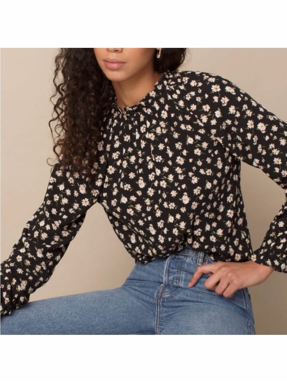 Reformation Theodora Black Floral Long Sleeve Smocked Top Blouse